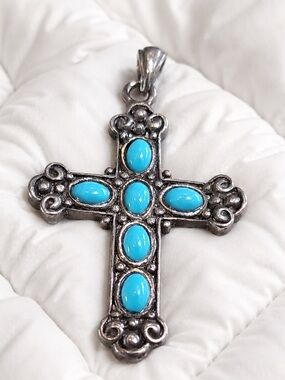 Vintage 925 Sterling Silver Genuine Turquoise Cross Pendant